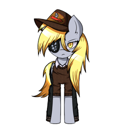 Size: 1000x1000 | Tagged: safe, artist:menalia, derpy hooves, pegasus, pony, g4, cap, clothes, danganronpa, eyepatch, female, hat, looking at you, mailmare, mare, pants, shirt, shoes, simple background, solo, sprite, style emulation, transparent background, wings