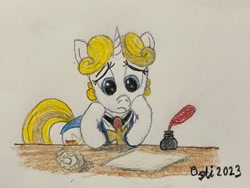 Size: 4032x3024 | Tagged: safe, artist:opti, oc, oc only, oc:guiding light, pony, unicorn, bored, inkwell, quill, sad, solo, traditional art