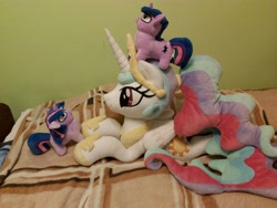 Size: 6528x4896 | Tagged: safe, artist:adamar44, artist:k.r.e.d.k.e, princess celestia, twilight sparkle, alicorn, pony, unicorn, g4, absurd resolution, crown, female, irl, jewelry, lying down, mare, photo, plushie, ponytail, regalia, standing on head, twiggie