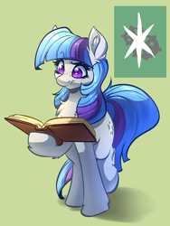 Size: 2264x3016 | Tagged: safe, artist:witchtaunter, twilight sparkle, earth pony, pony, g4, alternate universe, book, chest fluff, commission, ear fluff, eyebrows, female, freckles, high res, hoof hold, looking down, mare, raised eyebrow, reading, simple background, solo, standing
