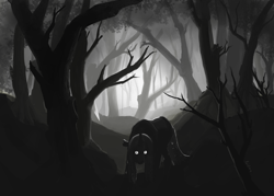 Size: 6000x4300 | Tagged: safe, artist:felfox, queen chrysalis, changeling, changeling queen, g4, creepy, dead tree, female, forest, glowing, glowing eyes, grayscale, looking at you, monochrome, solo, tree