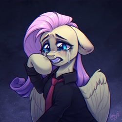 Size: 2048x2048 | Tagged: safe, artist:amishy, fluttershy, pegasus, pony, g4, chromatic aberration, clothes, crying, female, floppy ears, gritted teeth, high res, mare, my chemical romance, necktie, sad, shirt, signature, solo, teeth