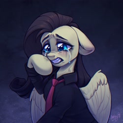 Size: 2048x2048 | Tagged: safe, alternate version, artist:amishy, fluttershy, pegasus, pony, g4, chromatic aberration, clothes, crying, dyed mane, female, floppy ears, gritted teeth, high res, mare, my chemical romance, necktie, sad, shirt, signature, solo, teeth