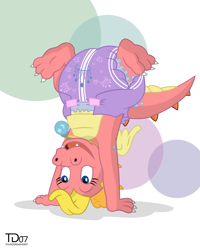 Size: 2000x2500 | Tagged: safe, artist:thunderdasher07, diamond tiara, dragon, g4, 2018, abstract background, barely pony related, cassie (dragon tales), cutie mark diapers, diaper, diaper fetish, dragon tales, female, fetish, handstand, high res, jewelry, necklace, non-baby in diaper, old art, poofy diaper, simple background, solo, upside down, voice actor joke