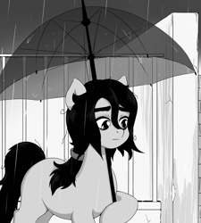 Size: 1262x1400 | Tagged: safe, artist:ravenirik, oc, oc only, oc:floor bored, earth pony, pony, adult blank flank, blank flank, earth pony oc, eyebrows, female, grayscale, hoof hold, mare, monochrome, rain, solo, umbrella