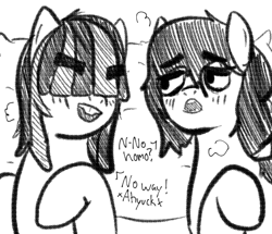 Size: 509x437 | Tagged: safe, artist:zan logemlor, oc, oc only, oc:dot matrix, oc:floor bored, earth pony, pony, bucktooth, dialogue, earth pony oc, eyebrows, eyebrows visible through hair, female, grayscale, lesbian, looking at each other, looking at someone, lying down, mare, monochrome, no homo, oc x oc, on back, open mouth, shipping, talking