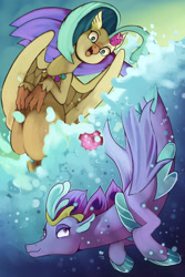 Size: 2400x3600 | Tagged: safe, artist:kenisu-of-dragons, princess skystar, queen novo, hippogriff, seapony (g4), g4, my little pony: the movie, beak, bubble, colored pupils, crepuscular rays, crown, digital art, dorsal fin, female, fin, fin wings, fins, fish tail, flower, flower in hair, freckles, high res, jewelry, lidded eyes, logo, looking at each other, looking at someone, mother and child, mother and daughter, necklace, ocean, open mouth, orb, purple eyes, queen novo's orb, redo, regalia, seashell, seashell necklace, sky, smiling, smiling at each other, sunlight, swimming, tail, underwater, water, wings