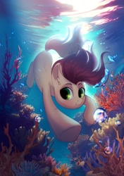Size: 2039x2894 | Tagged: safe, artist:glumarkoj, oc, oc only, earth pony, pony, beautiful, bubble, commission, coral, crepuscular rays, digital art, diving, earth pony oc, flowing mane, flowing tail, green eyes, high res, holding breath, male, ocean, pony oc, red mane, red tail, seaweed, solo, stallion, sunlight, swimming, tail, underwater, water, ych result