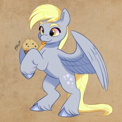 Size: 3166x3166 | Tagged: safe, artist:haruh_ink, derpy hooves, pegasus, pony, g4, g5, :p, bipedal, cute, derpabetes, eyebrows, female, food, g4 to g5, generation leap, high res, mare, muffin, solo, tongue out, unshorn fetlocks