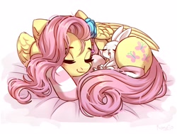 Size: 4096x3102 | Tagged: safe, artist:konejo, angel bunny, fluttershy, pegasus, pony, rabbit, alternate hairstyle, animal, blanket, blushing, clothes, commission, cute, daaaaaaaaaaaw, drool, duo, eyes closed, female, flower, flower in hair, high res, mare, open mouth, shyabetes, simple background, sleeping, socks, striped socks, white background