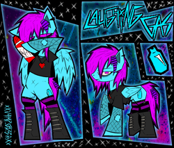 Size: 2542x2162 | Tagged: safe, artist:xxv4mp_g4z3rxx, oc, oc:laughing gas, pegasus, pony, bags under eyes, bipedal, blue coat, boots, clothes, drugs, ear piercing, fishnet clothing, fishnet stockings, heart locket, high res, jewelry, locket, mane extentions, necklace, nonbinary, piercing, pink eyes, pink mane, reference sheet, scar, self harm, self harm scars, shoes, socks, solo