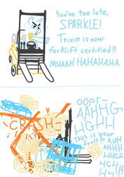 Size: 1026x1456 | Tagged: safe, artist:purblehoers, trixie, pony, unicorn, g4, 2 panel comic, box, comic, crash, driving, female, forklift, forklift certified, implied twilight sparkle, mare, ms paint, safety vest, simple background, sitting, solo, text, white background