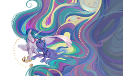 Size: 4427x2737 | Tagged: safe, artist:shiqiuzhu, princess celestia, princess luna, alicorn, pony, g4, colored pinnae, colorful, crying, duo, female, horn, horns are touching, impossibly long mane, impossibly long tail, jewelry, long horn, long mane, looking at someone, lying down, mare, partially open wings, prone, regalia, s1 luna, simple background, tail, white background, wings