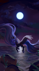 Size: 1390x2480 | Tagged: safe, artist:shiqiuzhu, princess luna, alicorn, pony, g4, female, flying, mare, moon, night, ocean, reflection, solo, water