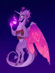 Size: 907x1200 | Tagged: safe, artist:schl4fy, part of a set, twilight sparkle, dragon, g4, book, claws, colored wings, dragon horns, dragoness, dragonified, ears, eyebrows, female, floating, glasses, glowing, horn, horns, looking away, magic, magic glow, mohawk, multicolored wings, night, night sky, nostrils, sky, snout, solo, species swap, twilidragon, two toned hair, unicorn horn, wings