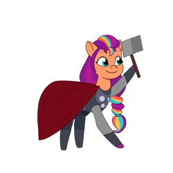 Size: 2100x2100 | Tagged: safe, artist:chanyhuman, sunny starscout, earth pony, pony, g5, my little pony: tell your tale, cape, clothes, cosplay, costume, female, hammer, high res, mane stripe sunny, mare, marvel, marvel cinematic universe, marvel comics, simple background, solo, thor, transparent background, vector