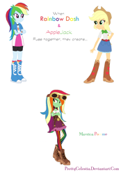 Size: 838x1204 | Tagged: safe, artist:prettycelestia, applejack, rainbow dash, oc, oc:mavrica pomme, human, equestria girls, g4, belt buckle, clothes, corset, fusion, fusion:appledash, fusion:applejack, fusion:rainbow dash, goggles, mary janes, multicolored hair, rainbow hair, shoes, simple background, stockings, thigh highs, white background, yellow eyes