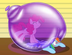 Size: 2250x1750 | Tagged: safe, artist:bladedragoon7575, pinkie pie, rainbow dash, earth pony, pegasus, pony, g4, balloon, blushing, bubble, cute, eyes closed, female, happy, in bubble, lesbian, mare, pinkie pie trapped in a balloon, ship:pinkiedash, shipping, smiling, squeak, squished, that pony sure does love balloons, trapped