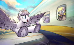 Size: 4800x2928 | Tagged: safe, artist:selenophile, limestone pie, sea swirl, seafoam, oc, oc:canvas, oc:seleno, earth pony, pegasus, pony, g4, boeing 737, bow, flying, hair bow, happy, looking at each other, looking at someone, male, open mouth, open smile, pegasus oc, plane, ryanair, smiling, spread wings, stallion, underhoof, wings
