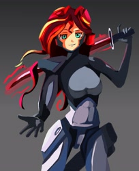 Size: 3360x4115 | Tagged: safe, artist:solid shrimp, sunset shimmer, cyborg, human, equestria girls, g4, dreamworks face, female, fixed, humanized, jetstream sam, looking at you, metal gear, metal gear rising, metal gear solid, smiling, smirk, solo, sword, weapon