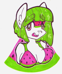 Size: 400x477 | Tagged: safe, artist:goldnstardust, oc, oc only, oc:splash, earth pony, watermelon pony, anthro, bikini, bikini top, breasts, cleavage, clothes, female, looking at you, mare, open mouth, solo, sparkles, swimsuit