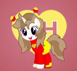 Size: 780x720 | Tagged: artist needed, safe, oc, oc only, oc:fluffymarsh, pony, unicorn, brown mane, clothes, cute, el chapulín colorado, faster than a turtle, female, food, happy, heroine, mare, marshmallow, purple eyes, show accurate, smarter than a donkey, solo, stronger than a mouse, this will end in laughs