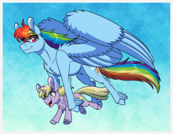 Size: 1527x1181 | Tagged: safe, artist:inuhoshi-to-darkpen, dinky hooves, rainbow dash, pegasus, pony, unicorn, chest fluff, commission, duo, duo female, ear fluff, female, filly, flying, foal, leg fluff, mare, open mouth, wing fluff, wings