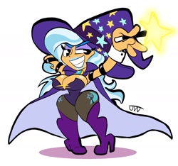 Size: 1818x1702 | Tagged: safe, artist:jwcartoonist, trixie, human, boots, breasts, busty trixie, cape, clothes, cuffs (clothes), female, hat, high heel boots, humanized, leotard, shoes, smiling, solo, trixie's cape, trixie's hat, wand, wide hips