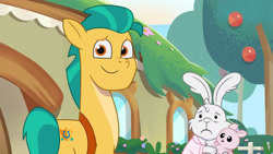 Size: 3072x1727 | Tagged: safe, screencap, eggmund bunny, hitch trailblazer, earth pony, pony, rabbit, g5, my little pony: tell your tale, the hunt for eggmund bunny, spoiler:g5, spoiler:my little pony: tell your tale, spoiler:tyts01e48, animal, baby, baby rabbit, frown, male, open mouth, open smile, smiling, stallion, trio