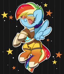 Size: 1688x1956 | Tagged: safe, artist:kittyrosie, rainbow dash, pegasus, pony, g4, alternate hairstyle, black background, clothes, cosplay, costume, cute, dashabetes, female, looking at you, mare, one eye closed, overwatch, rainbow tracer, signature, simple background, solo, spread wings, stars, tracer, wings, wink, winking at you