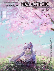 Size: 1620x2160 | Tagged: safe, artist:lendftcn, oc, oc only, pegasus, pony, bouquet, cherry blossoms, clothes, dress, female, flower, flower blossom, flower field, looking at you, mare, solo, text, tree