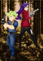 Size: 3500x5000 | Tagged: safe, artist:saulazuli, rarity, spike, oc, human, equestria girls, g4, adult, adult spike, boots, clothes, crossover, female, forest, male, older, older spike, resident evil, ship:sparity, shipping, shoes, socks, straight, thigh boots, thigh highs