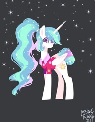 Size: 1074x1368 | Tagged: safe, artist:petaltwinkle, princess celestia, alicorn, pony, between dark and dawn, g4, alternate hairstyle, black background, cute, cutelestia, eye clipping through hair, female, folded wings, looking at you, mare, ponytail, simple background, smiling, smiling at you, solo, stars, vacation, wings