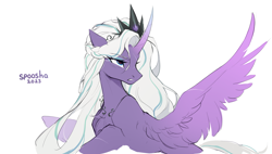 Size: 3165x1800 | Tagged: safe, artist:spoosha, opaline arcana, alicorn, pony, g5, spoiler:g5, crown, curved horn, eyebrows, gradient horn, hair braid, horn, jewelry, makeup, one wing out, regalia, scar, slender, solo, thin, wings