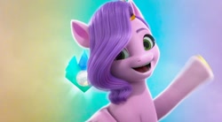 Size: 720x398 | Tagged: safe, screencap, pipp petals, pegasus, pony, g5, my little pony: make your mark, adorapipp, crystal, cute, diadem, earth pony crystal, female, headband, jewelry, mare, open mouth, open smile, pegasus crystal, rainbow background, raised hoof, regalia, smiling, solo, unicorn crystal, unity crystals