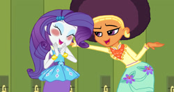 Size: 2400x1280 | Tagged: safe, editor:ktd1993, rarity, saffron masala, human, equestria girls, g4, afro, base used, blushing, duo, female, lesbian, lockers, raffron, shipping