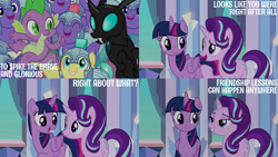 Size: 2000x1125 | Tagged: safe, edit, edited screencap, editor:quoterific, screencap, amethyst stone, radiant gold, ruby armor, spike, starlight glimmer, thorax, twilight sparkle, alicorn, changeling, dragon, pony, unicorn, g4, the times they are a changeling, armor, crystal guard, crystal guard armor, female, male, mare, royal guard, stallion, twilight sparkle (alicorn)