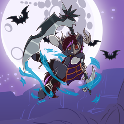 Size: 3000x3000 | Tagged: safe, artist:dreamoonight, oc, oc only, oc:skywalk shadow, bat, earth pony, pony, bandage, cloak, clothes, costume, earth pony oc, flying, grey skin, halloween, halloween costume, headdress, high res, holiday, hoof gloves, looking at you, magic, male, mask, moon, multicolored hair, night, red eyes, sickle, smiling, solo