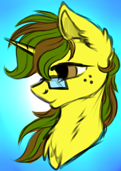 Size: 2894x4093 | Tagged: safe, alternate version, artist:julunis14, oc, oc only, oc:macter, pony, unicorn, bust, digital art, freckles, glasses, male, no source available, portrait, simple background, smiling, solo