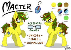 Size: 4093x2894 | Tagged: safe, artist:julunis14, oc, oc only, oc:macter, pony, unicorn, cutie mark, digital art, ear fluff, freckles, glasses, male, reference sheet, simple background, solo, white background