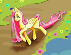 Size: 3344x2592 | Tagged: safe, artist:twivela, fluttershy, pegasus, pony, g4, eyebrows, female, flower, happy, high res, mare, path, ponyville, smiling, solo, walking, wings