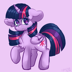 Size: 3000x3000 | Tagged: safe, artist:ladylullabystar, twilight sparkle, alicorn, pony, g4, chest fluff, cute, ear fluff, female, folded wings, heart, heart eyes, high res, looking at you, mare, pink background, raised hoof, signature, simple background, solo, twiabetes, twilight sparkle (alicorn), wingding eyes, wings