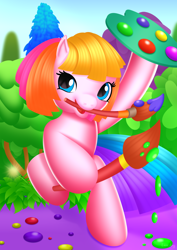 Size: 2480x3508 | Tagged: safe, artist:leonkay, toola-roola, earth pony, pony, g3, g3.5, cute, high res, mouth hold, paintbrush, palette, roolabetes, solo, toola roola will be painting away