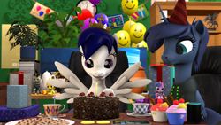 Size: 2920x1642 | Tagged: safe, artist:morozovbrony, princess luna, spitfire, twilight sparkle, oc, oc:crystal moon, oc:morozov, alicorn, pegasus, pony, unicorn, g4, 3d, balloon, cake, clothes, computer, cookie, crown, doom, food, glasses, happy birthday, horn, jar, jewelry, pipbuck, plant, portal (valve), present, regalia, source filmmaker, statue, tea, the cake is a lie, video game, youtube