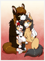 Size: 1181x1610 | Tagged: safe, artist:inuhoshi-to-darkpen, oc, oc only, oc:liliya krasnyy, oc:punish mittet, oc:zarza zarevna, family, family photo, flower, flower in hair, looking at each other, looking at someone, smiling