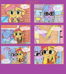 Size: 1808x2039 | Tagged: safe, artist:thomaszoey3000, sci-twi, sunset shimmer, twilight sparkle, human, comic:a shimmering twilight, equestria girls, equestria girls series, g4, blushing, clothes, comic, female, hand, humanized, lesbian, pencil drawing, ship:sci-twishimmer, ship:sunsetsparkle, shipping, traditional art