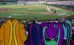 Size: 3000x1850 | Tagged: safe, artist:rdj1995, adagio dazzle, aria blaze, sonata dusk, twilight sparkle, human, equestria girls, g4, baseball, baseball bat, baseball cap, baseball field, cap, globe life field, grass, grass field, hat, irl, looking back, photo, real life background, sports, texas rangers, the dazzlings