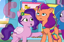 Size: 564x375 | Tagged: safe, screencap, bot-y mcbakertons, izzy moonbow, pipp petals, sunny starscout, earth pony, pegasus, pony, unicorn, g5, my little pony: tell your tale, sunny's smoothie moves, spoiler:g5, spoiler:my little pony: tell your tale, spoiler:tyts01e47, animated, banana, colored wings, duo focus, female, folded wings, food, frown, gif, grin, mane stripe sunny, mare, open mouth, open smile, orange, poking, smiling, strawberry, sunny starscout is not amused, talking, trio, trio female, unamused, wings, youtube link