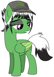 Size: 637x910 | Tagged: safe, artist:vilkathewolf, oc, oc only, oc:viridescent wings, pegasus, pony, bangs, cap, eyeshadow, female, freckles, hat, makeup, monster energy, simple background, solo, transparent background