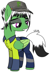 Size: 637x910 | Tagged: safe, artist:vilkathewolf, oc, oc only, oc:viridescent wings, pegasus, pony, bangs, clothes, female, freckles, monster energy, simple background, solo, transparent background